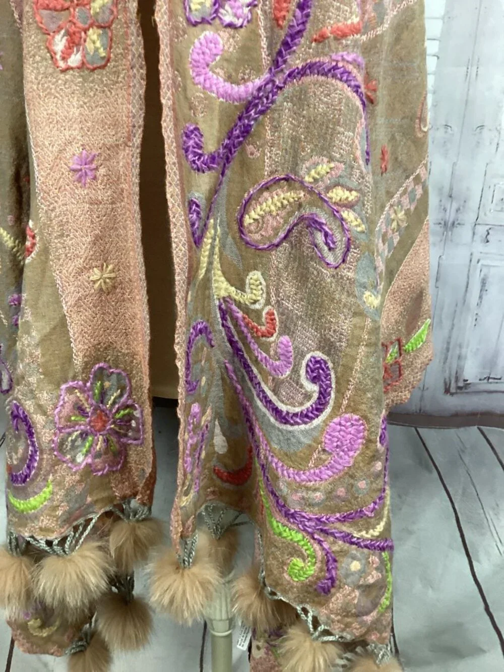 Embroidered Paisley Shawl Wrap with Fox Fur Trim and Tassels